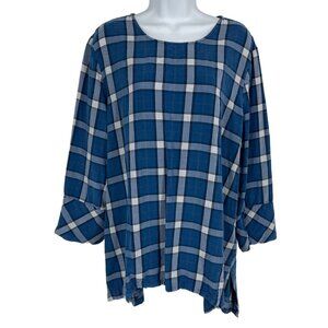 J.Jill Women's Blue Plaid Long Sleeve Hi-Low Blouse Size XL